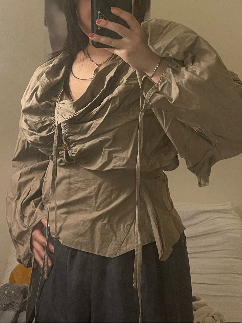 Vivienne Westwood Olive Ruched Tie-Front Blouse